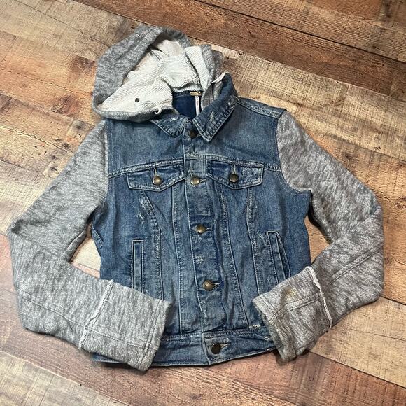 Free People Women 's Mixed Media Hooded Distressed Denim Jacket Sz XS FLAW - Picture 2 of 5